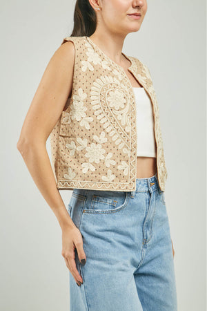 CHALECO ESTAMPADO BORDADO FLORE ADELANTE  C/R M/S
