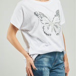 CAMISETA BORDADA ADELANTE MARIPOZA GRANDE LENTEJUELAS  C/R