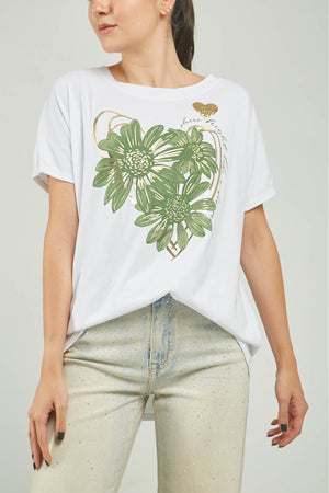 CAMISETA ESTAMPADO FLORES GRANDES VERDE C/R M/C
