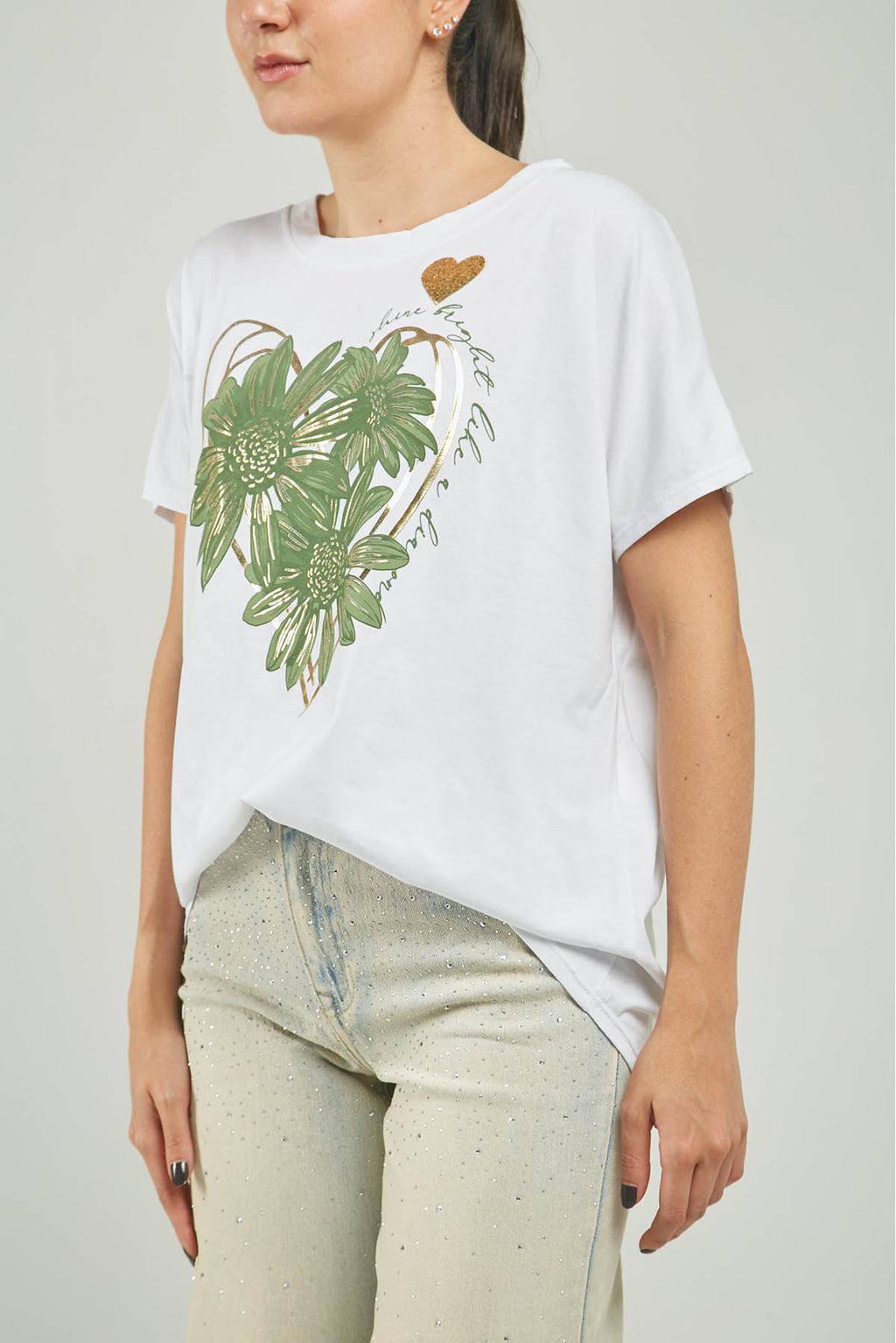 CAMISETA ESTAMPADO FLORES GRANDES VERDE C/R M/C