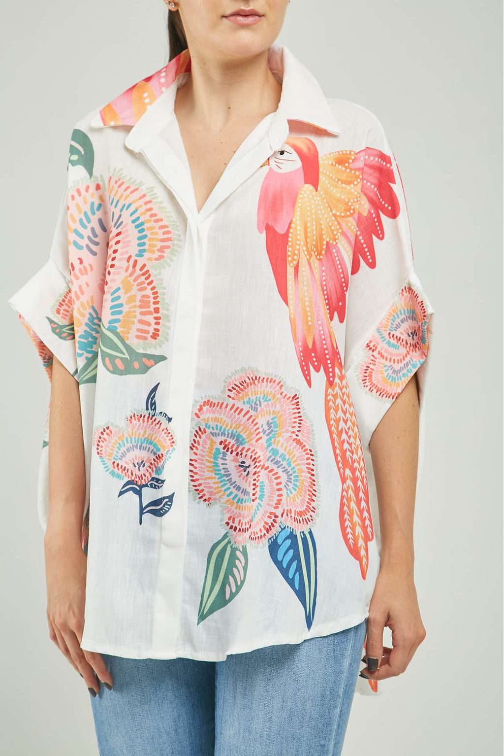 BLUSON ANCHO ESTAMPADO AVES FLORES COLA C/C MC