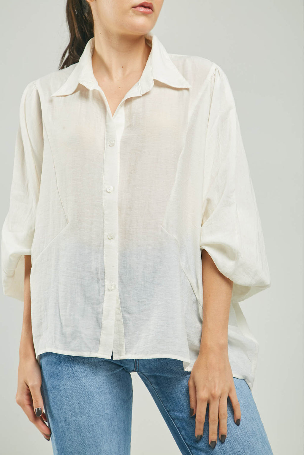 BLUSA ANCHA JASPEADA MANGA LARGA CUELLO CAMISERO