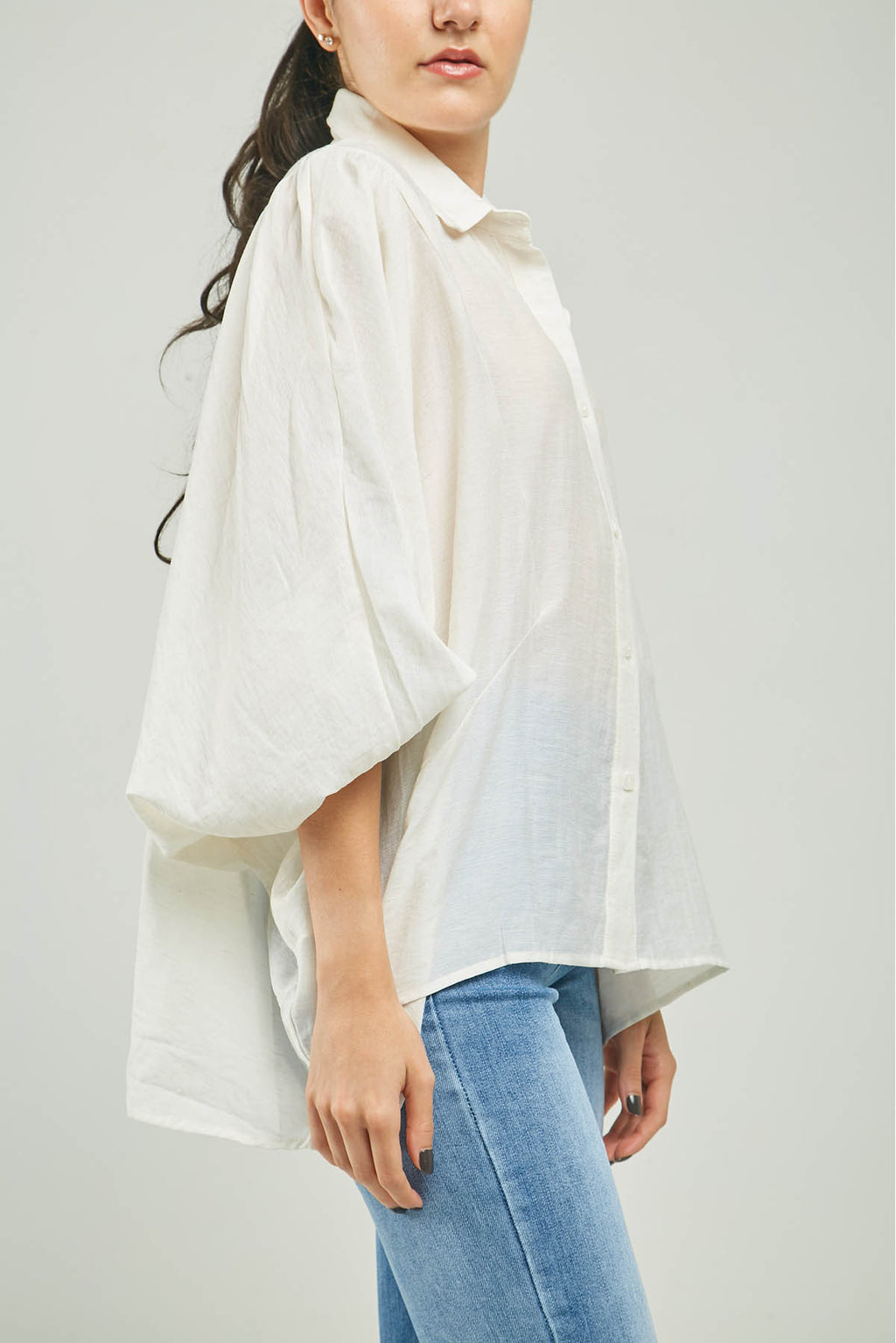 BLUSA ANCHA JASPEADA MANGA LARGA CUELLO CAMISERO