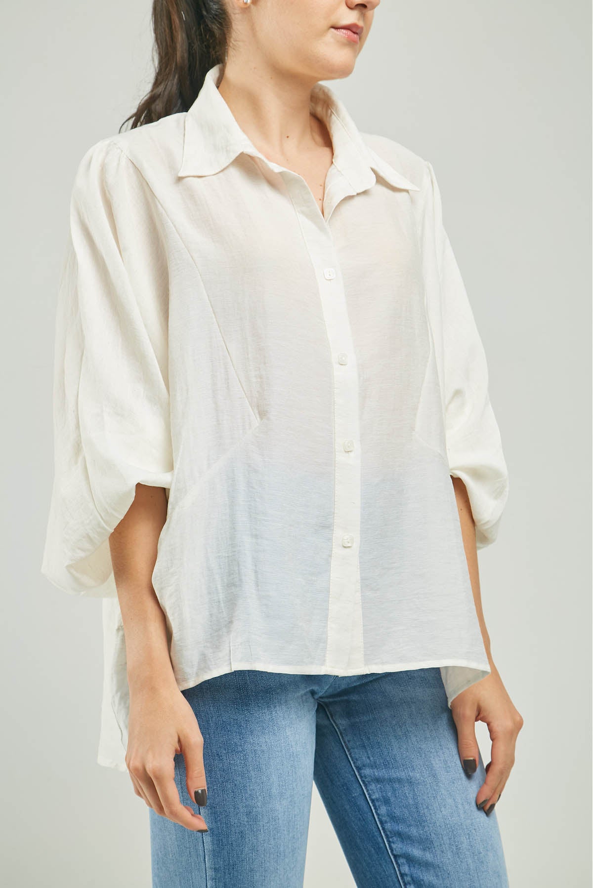 BLUSA ANCHA JASPEADA MANGA LARGA CUELLO CAMISERO