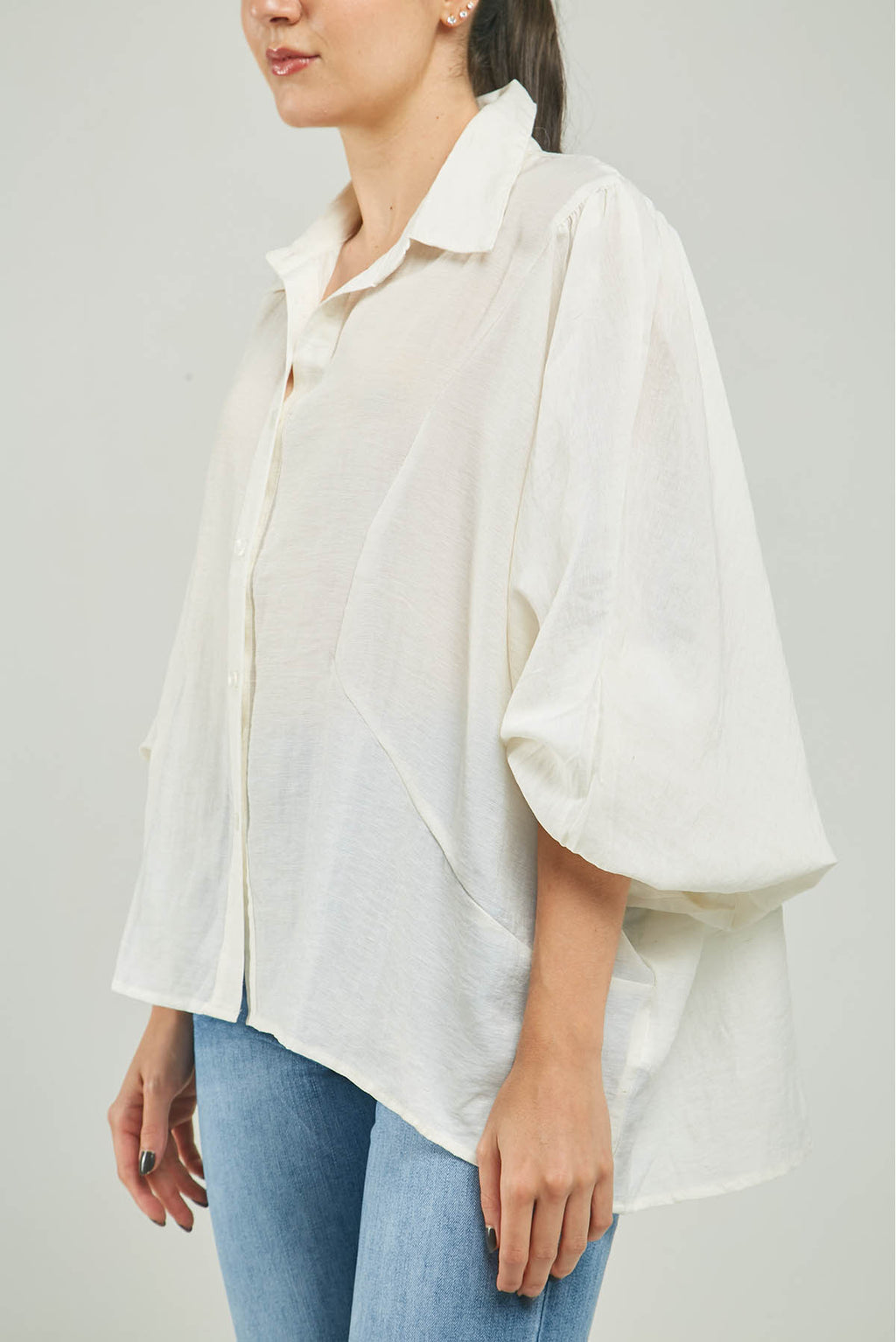 BLUSA ANCHA JASPEADA MANGA LARGA CUELLO CAMISERO