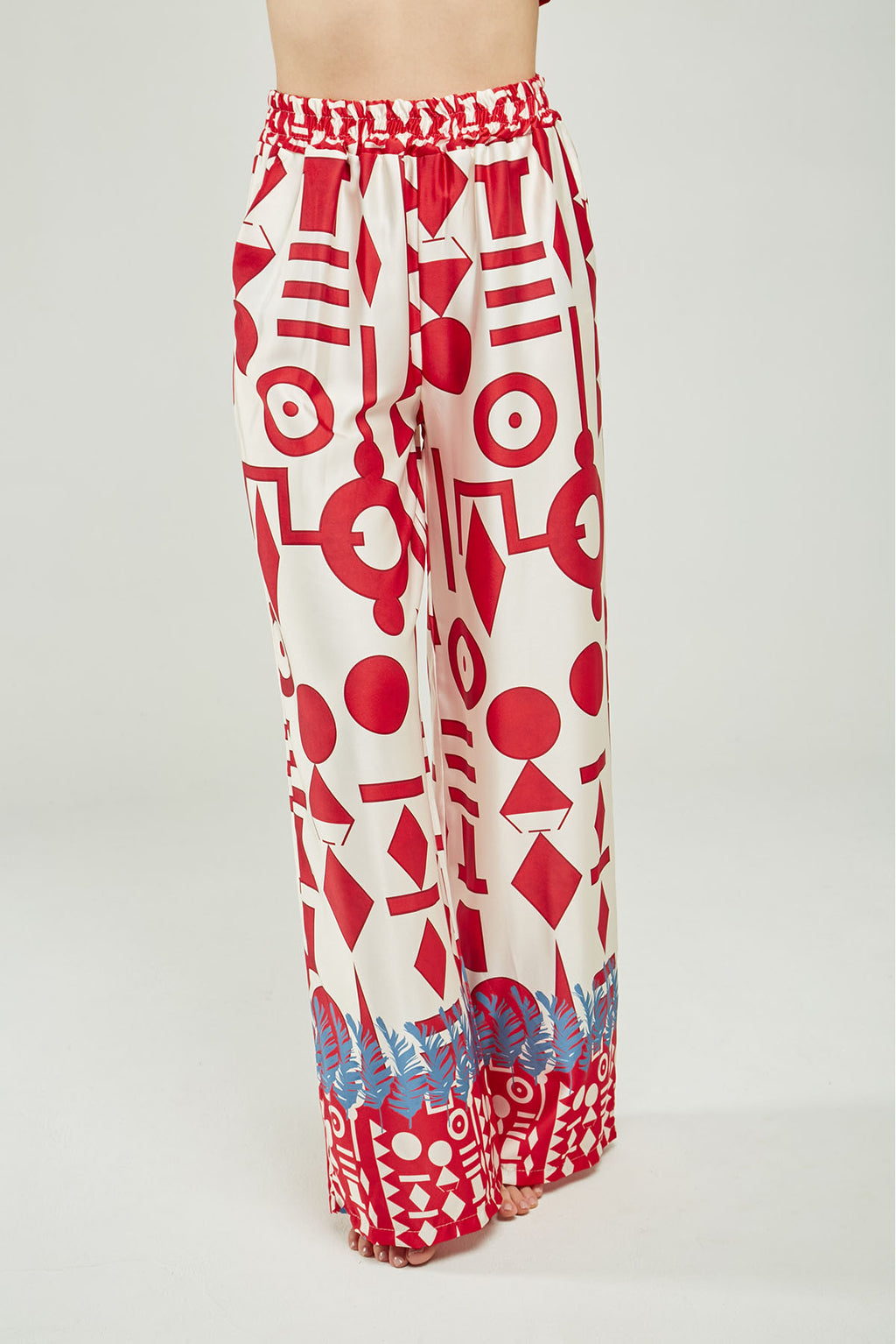 PANTALON SATIN ESTAMPADO FIGURA GEOMETRICA  BOTA ANCHA