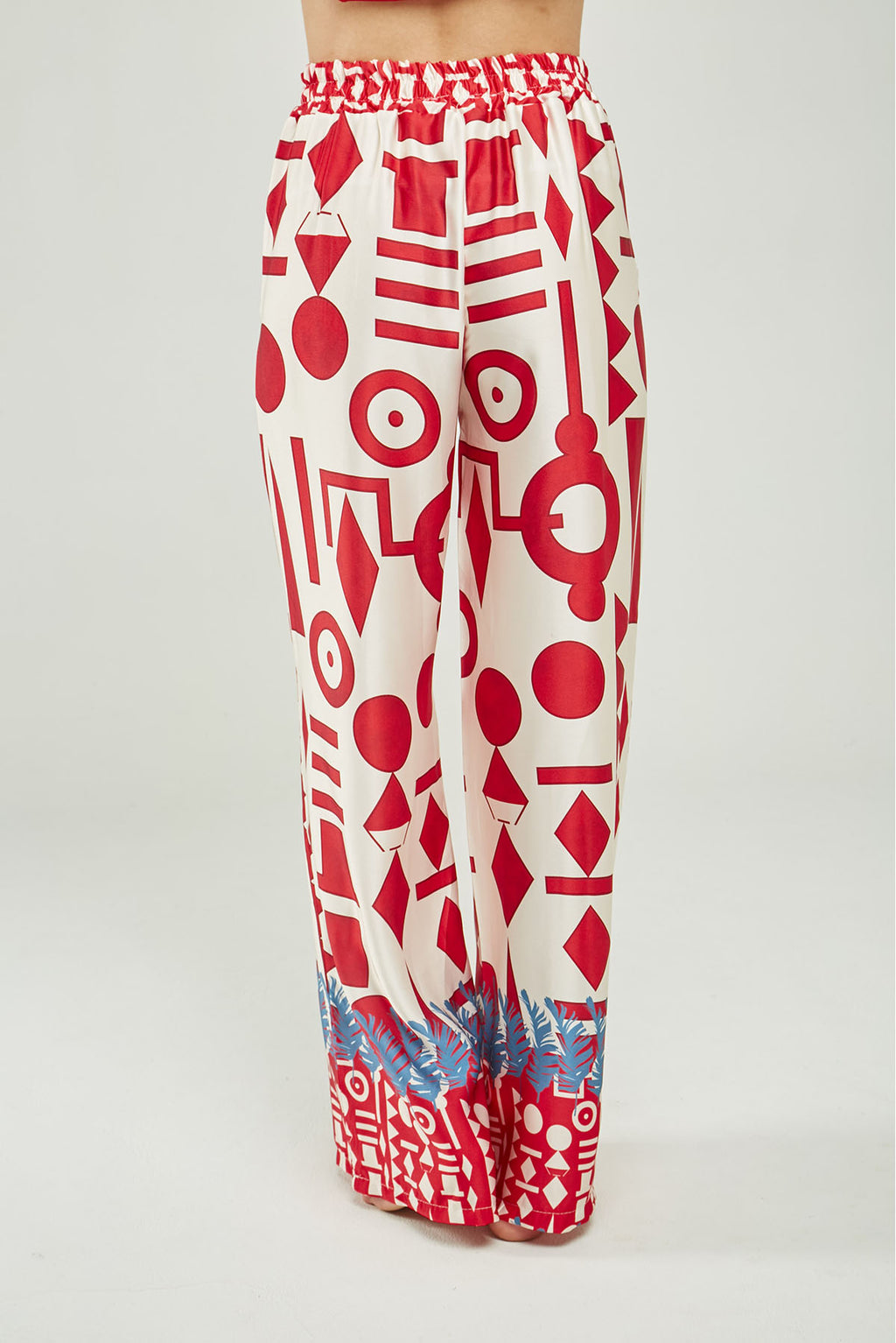 PANTALON SATIN ESTAMPADO FIGURA GEOMETRICA  BOTA ANCHA