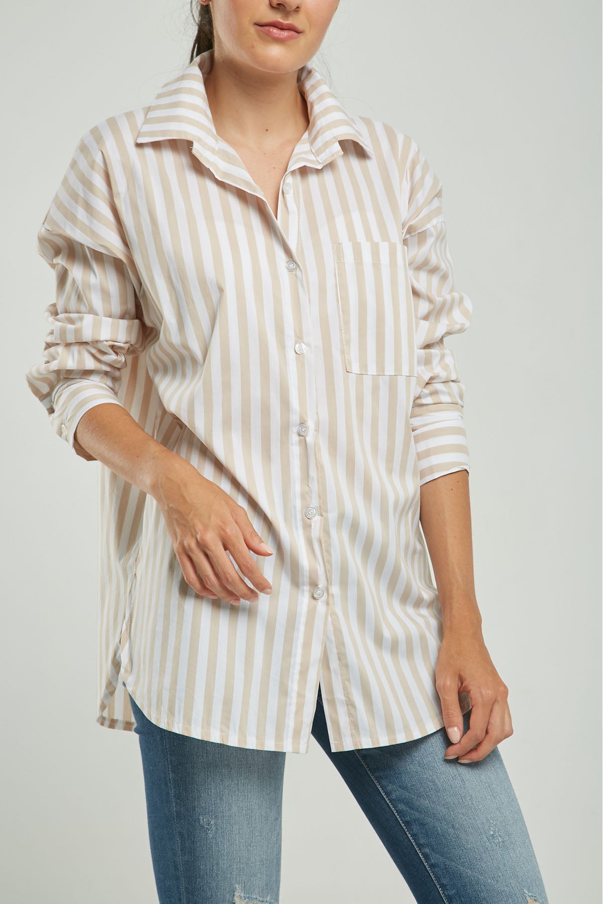 BLUSA RAYAS UN BOLSILLO  MANGA LARGA CUELLO CAMISERO
