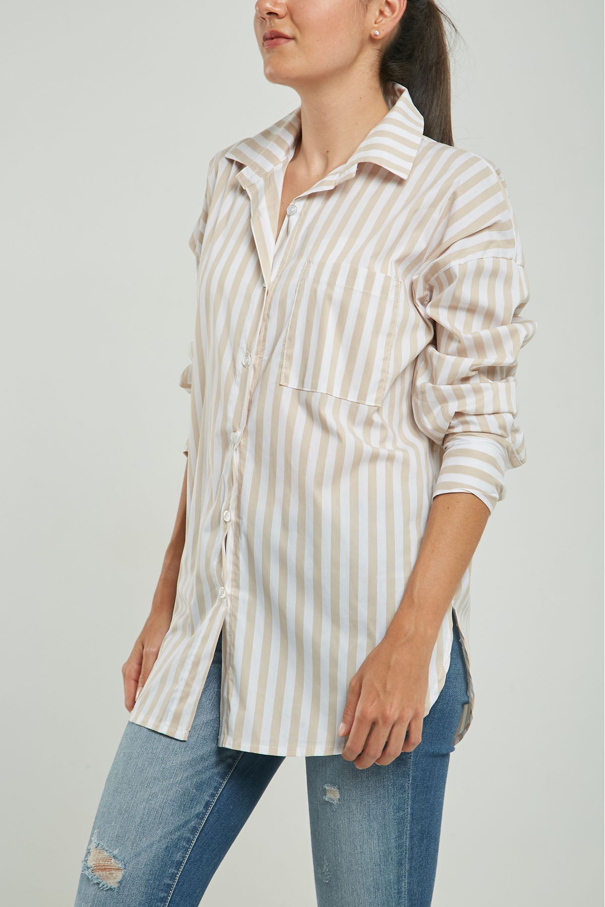 BLUSA RAYAS UN BOLSILLO  MANGA LARGA CUELLO CAMISERO