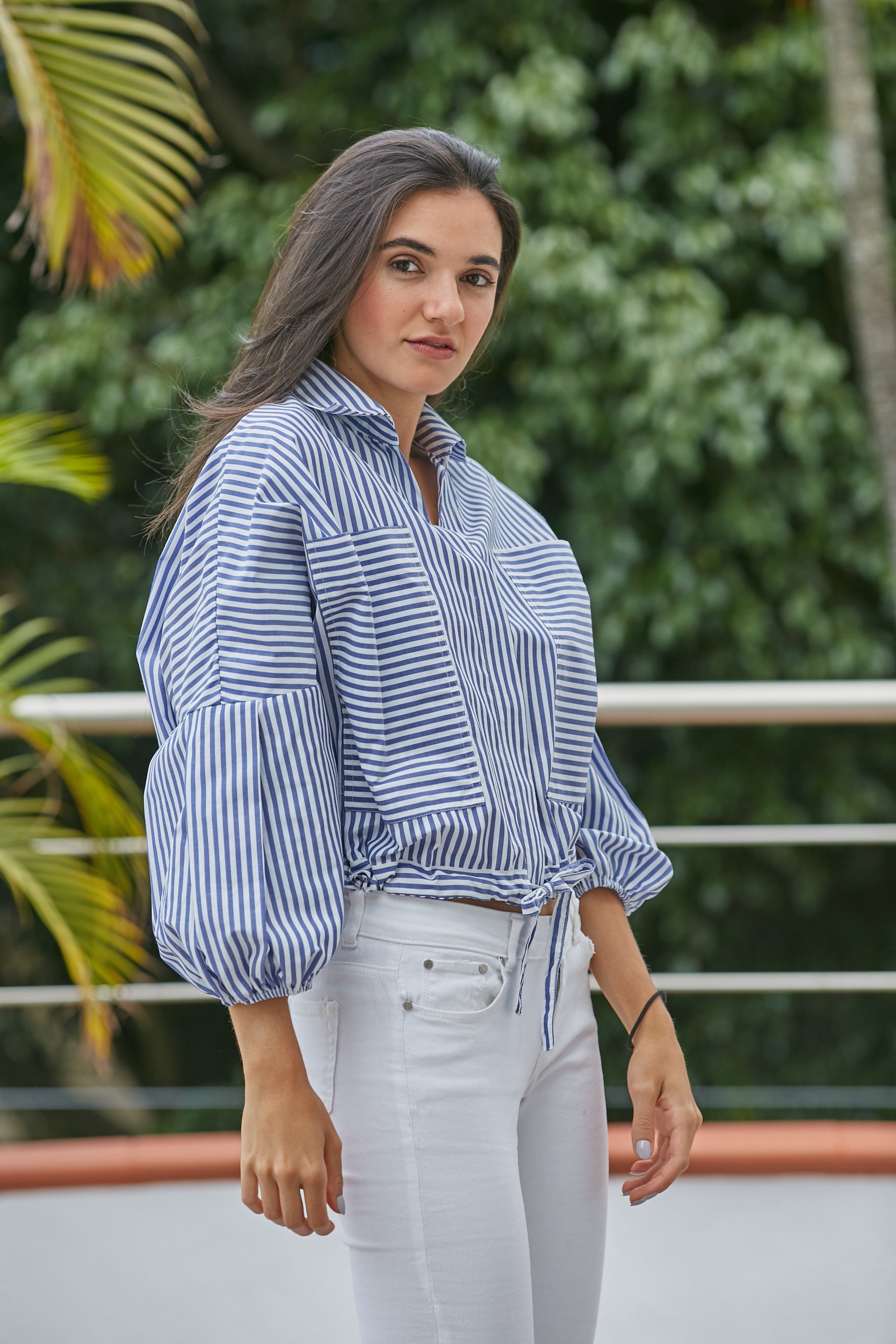 BLUSA RAYAS BOLSILLO GRANDES PERILLA ESCONDIDA JARETA